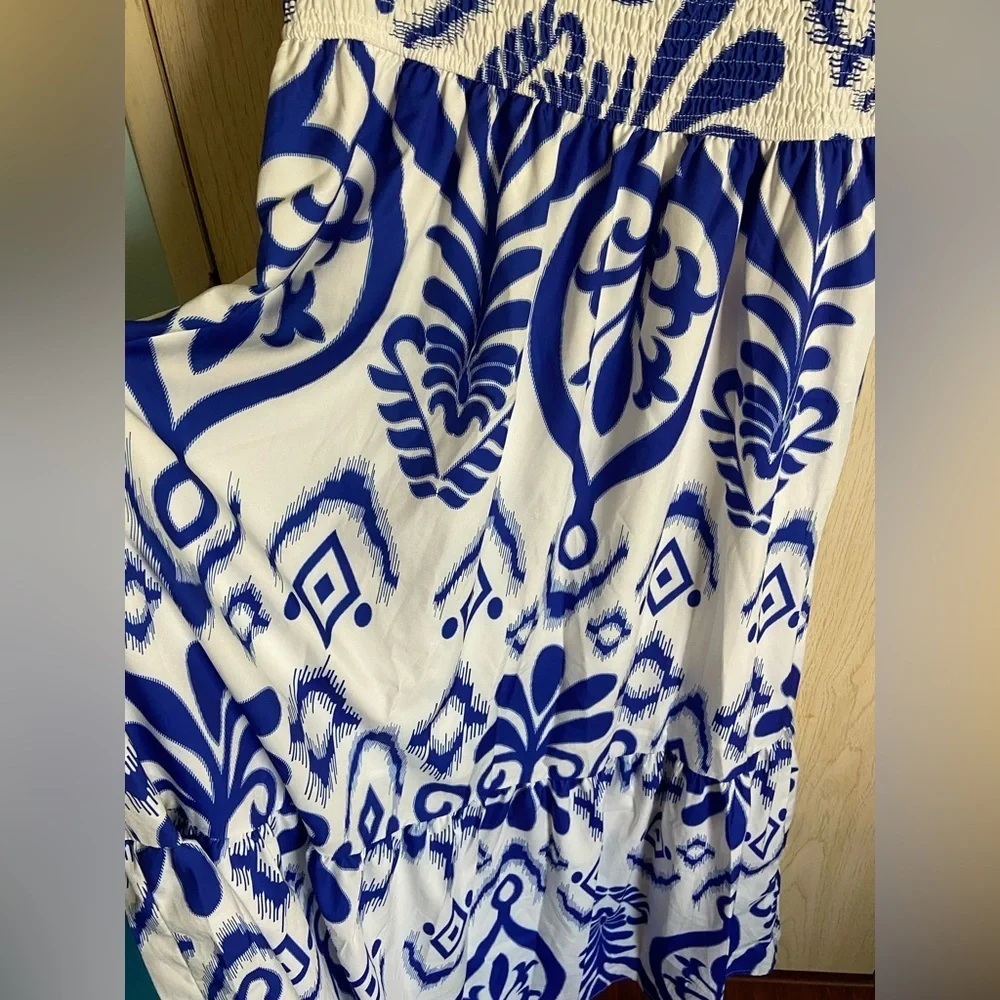 EFJONE Blue & White Allover Print Stretch Top Layer Sleeve Tiered Greek Dress XL - Picture 6 of 9